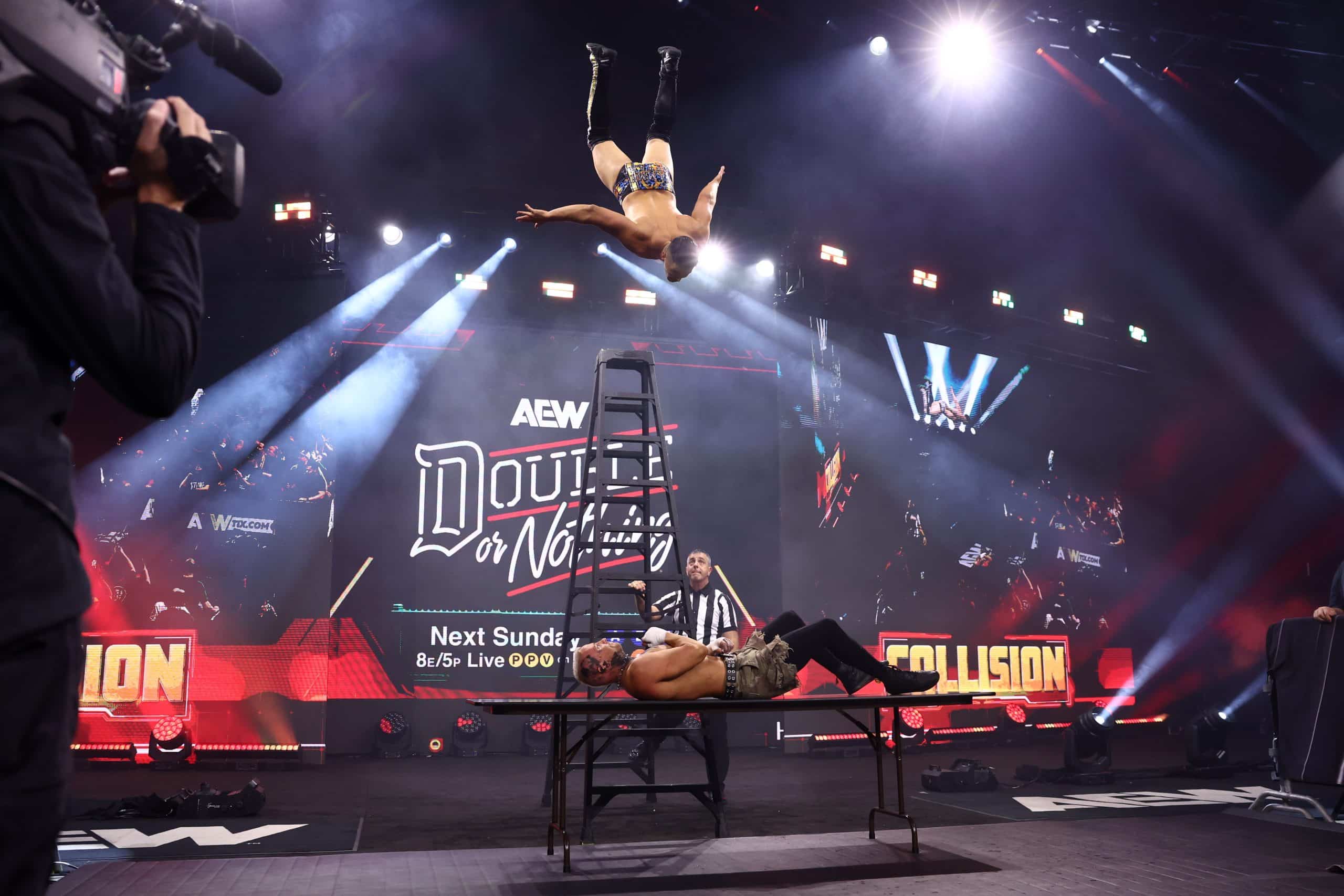 Sammy Guevara flies off a ladder during AEW Collision