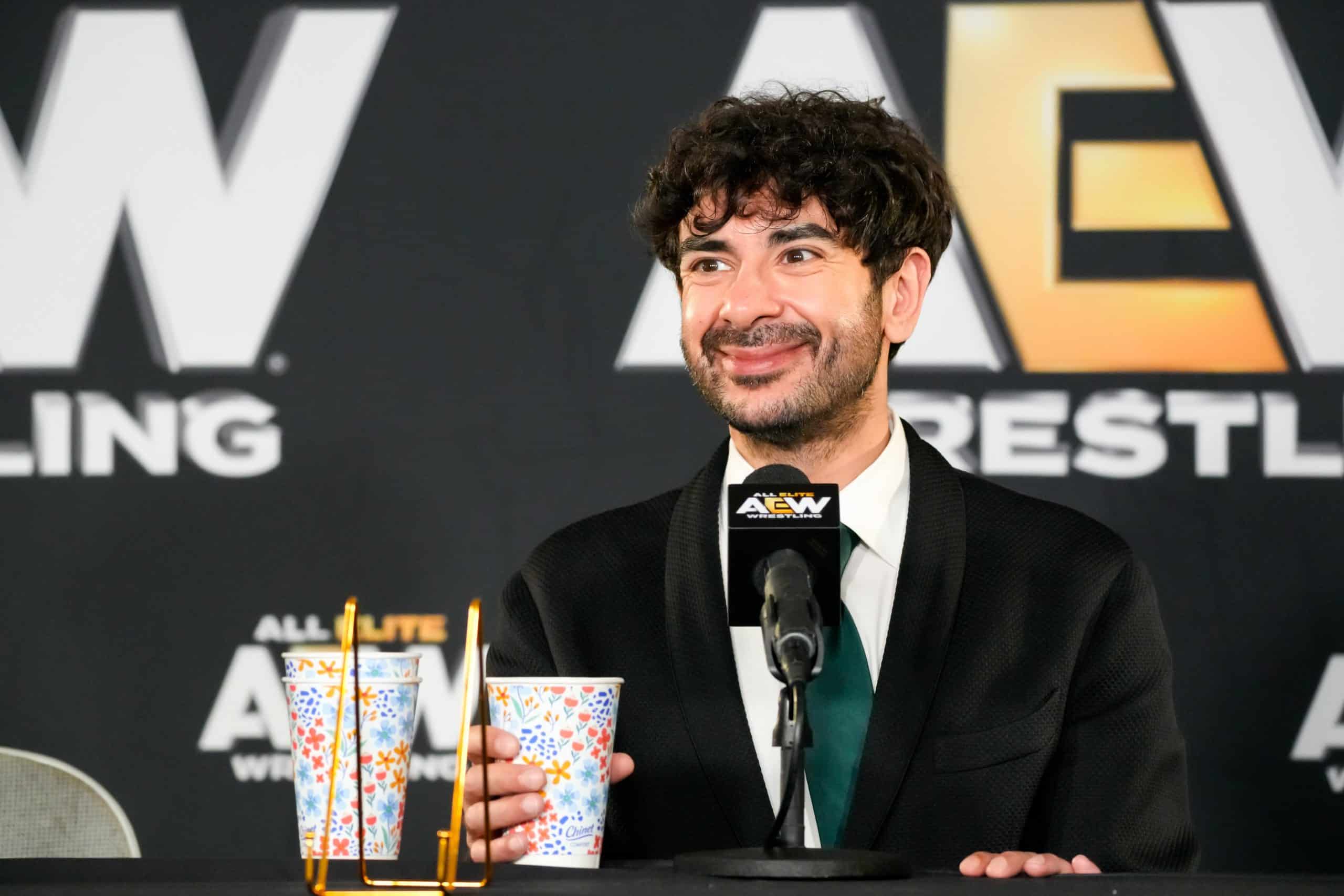 Tony Khan during the AEW Forbidden Door 2026 media scrum.