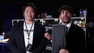 Tony Khan presents Hiroshi Tanahashi with a special gift at AEW x NJPW Forbidden Door